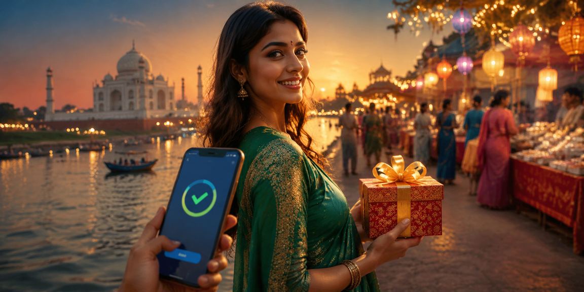 Mobile payment interface shown on smartphone with background of Taj Mahal, symbolizing Indian payments
