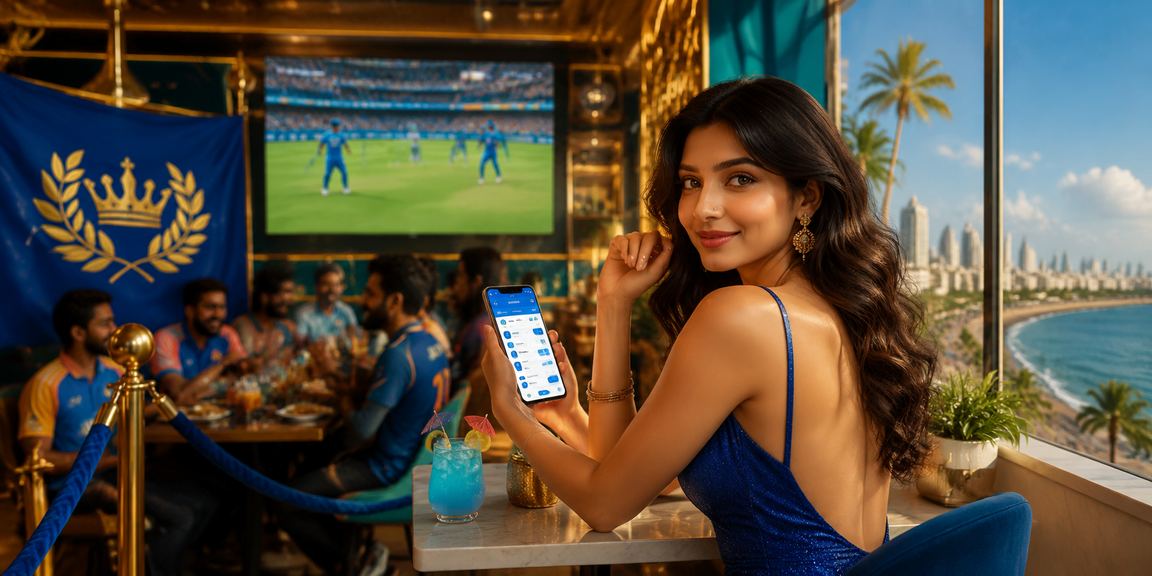 India Cricket Betting in Blue and Gold Theme showing a cricket player in action with dynamic graphics