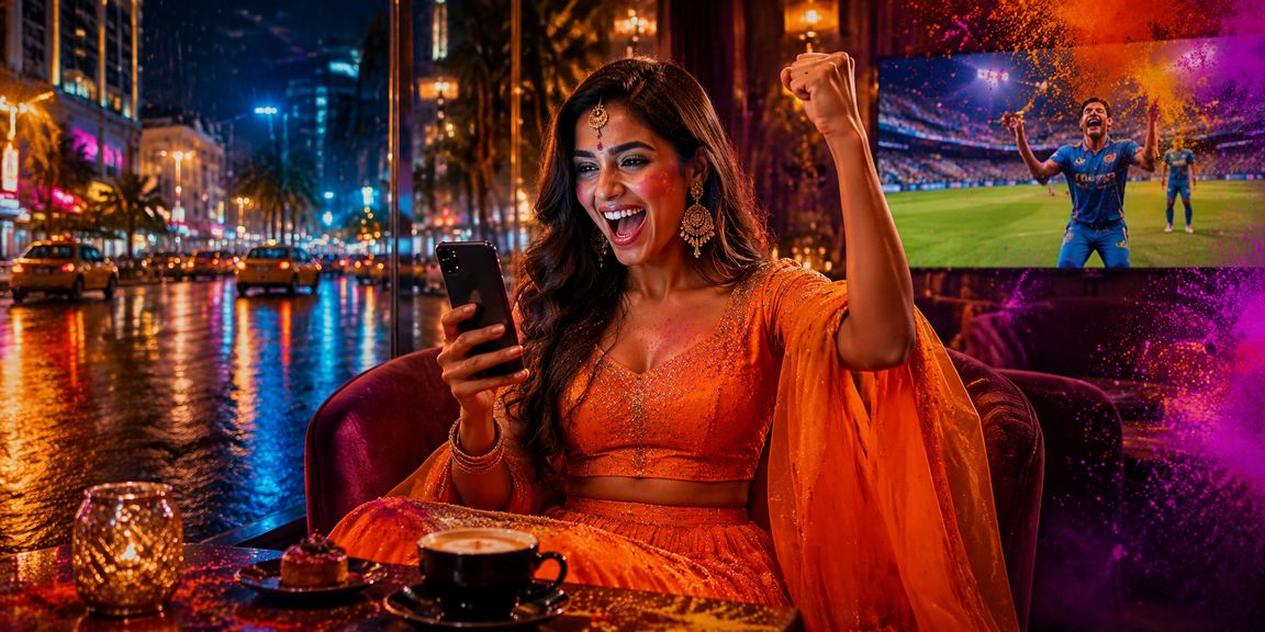 A joyful person using mobile for betting during Mumbai’s Holi festival celebrations